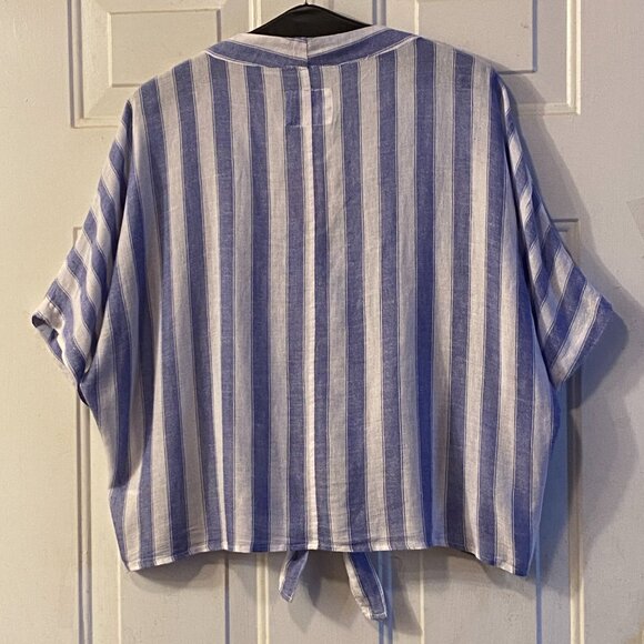 Rails Thea Sz L Blouse Button Up Tie Front Blue/White Striped Elbow Sleeve - Picture 6 of 10